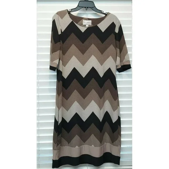 karin stevens | Dresses | Karen Stevens Sz 4 Dress Black Brown Chevron Midi  Short Sleeve Stretchy | Poshmark
